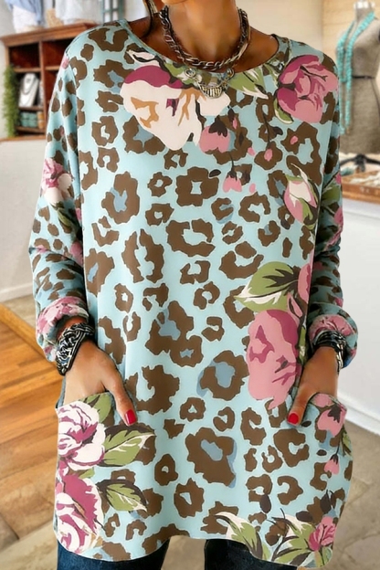 Leopard Print Floral Pocket Cotton T-Shirt