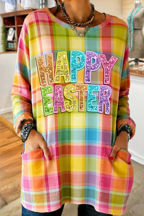 Happy Easter Plaid Pocket Cotton T-Shirt