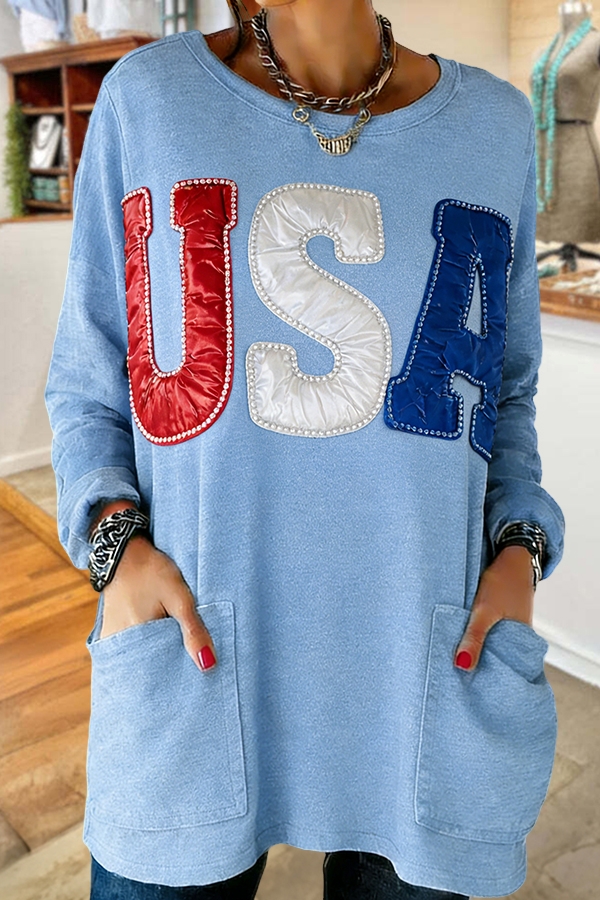 Usa Red White Blue Pocket Cotton T-Shirt