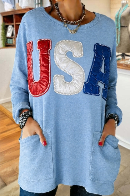 Usa Red White Blue Pocket Cotton T-Shirt
