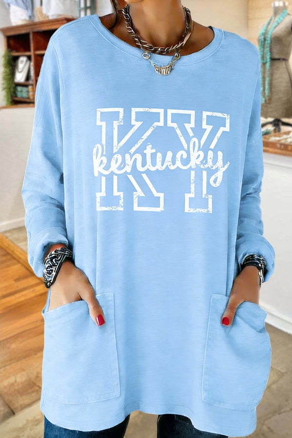 Blue Cat Print Pocket Cotton T-Shirt