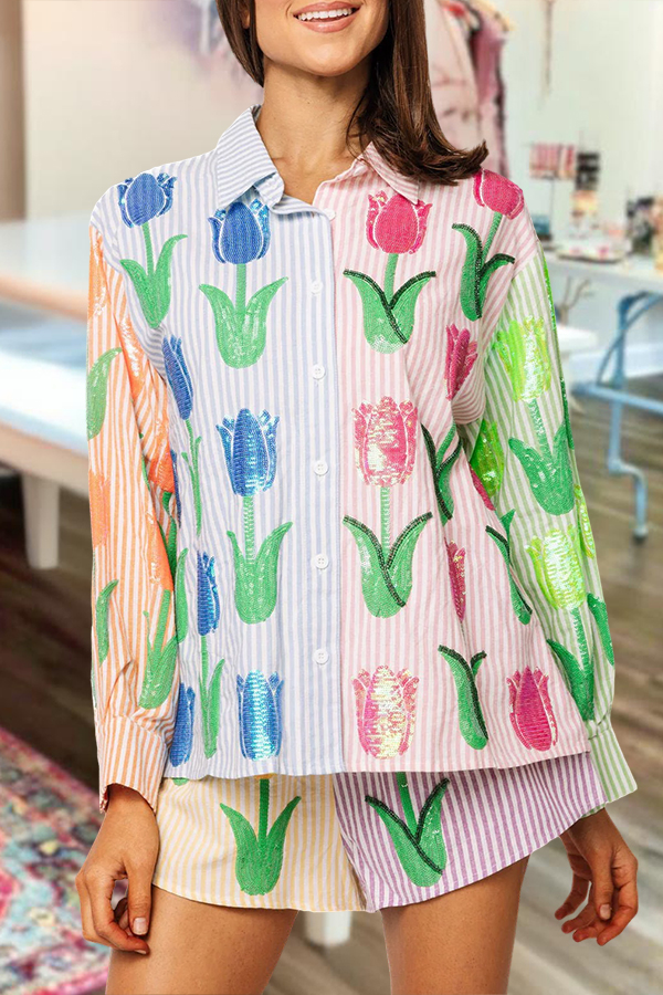 Color Blocked Striped Tulip Shirt