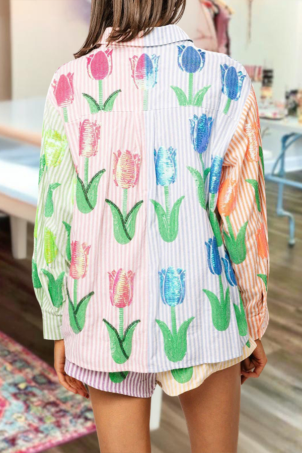 Color Blocked Striped Tulip Shirt