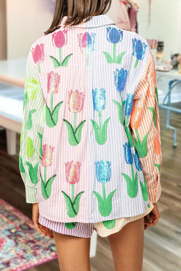 Color Blocked Striped Tulip Shirt