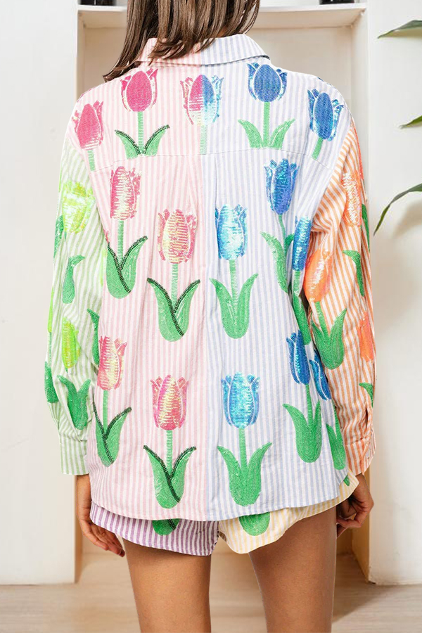 Color Blocked Striped Tulip Shirt
