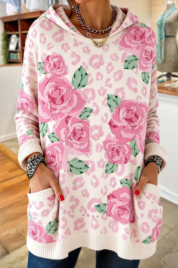Pink Leopard Print Floral Hooded Sweater