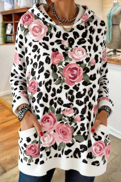 Leopard Print Rose Hooded Sweater