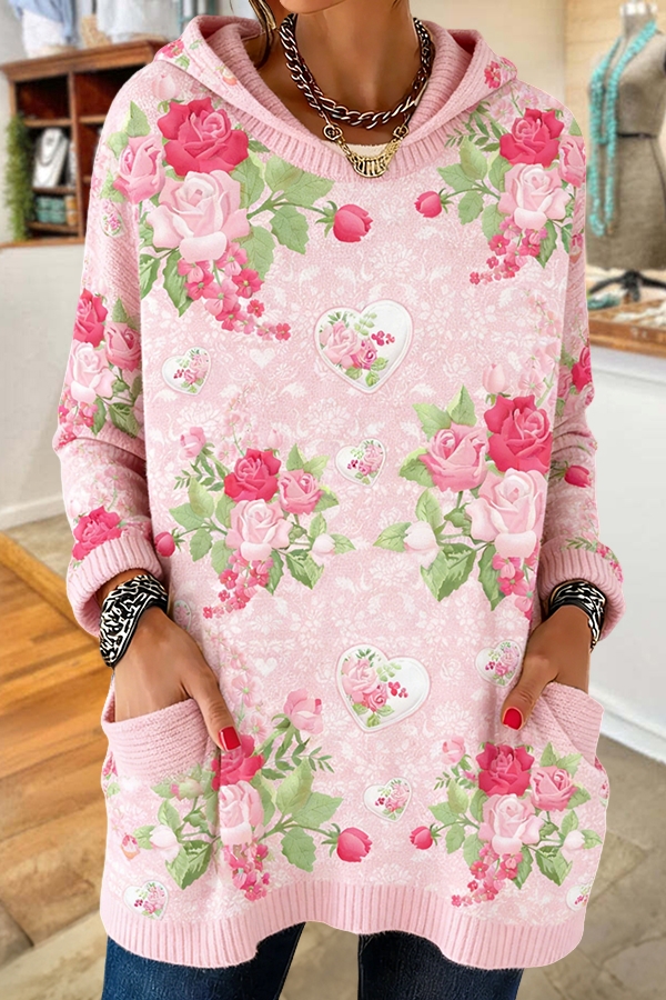 Sweet Rose Heart Hooded Sweater