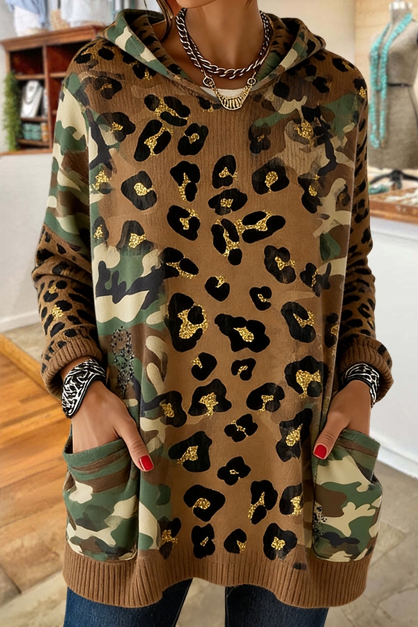 Retro Leopard Print Camouflage Hooded Sweater