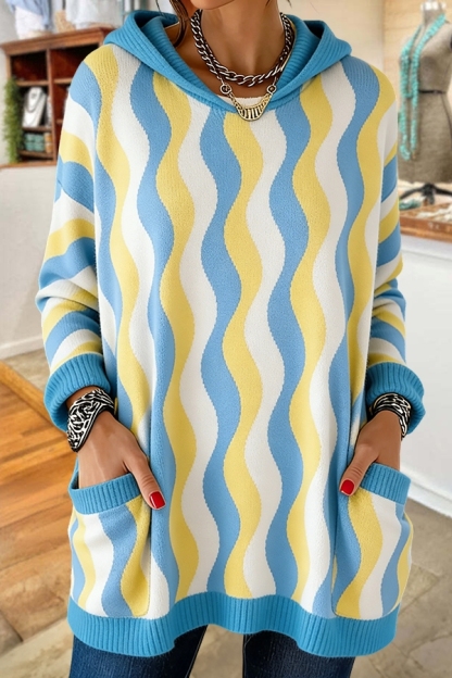 Spring Color-Blocked Wave Pattern Hooded Sweater