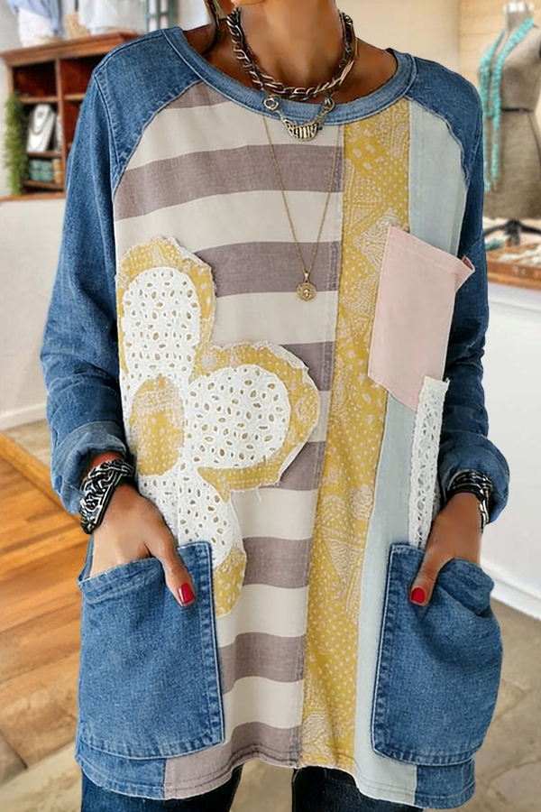 Floral Stripe Pocket Cotton T-Shirt