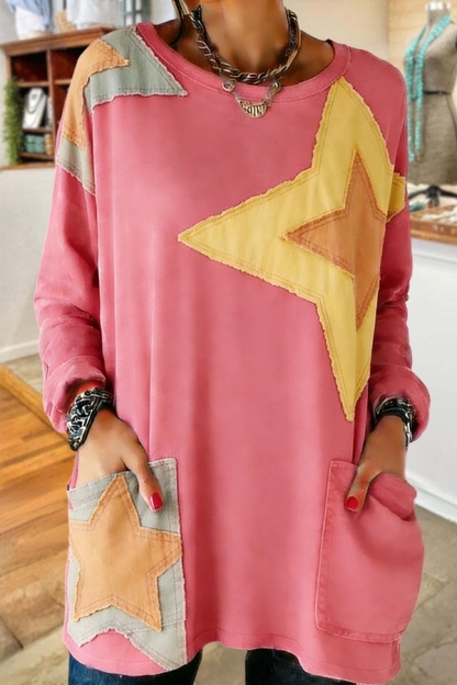 Multicolor Star Print Pocket Cotton T-Shirt