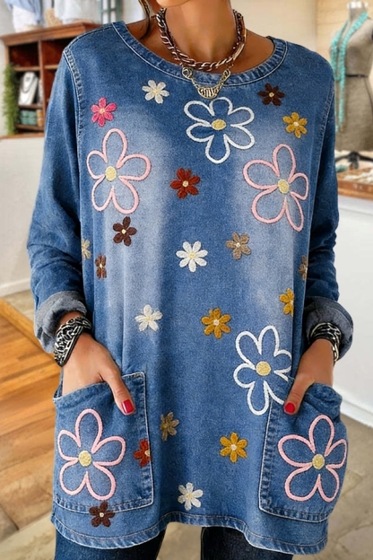 Multicolor Floral Denim Pocket Top