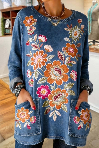 Beautiful Floral Denim Pocket Top