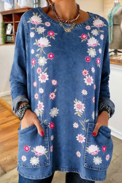 Symmetrical Floral Denim Pocket Top