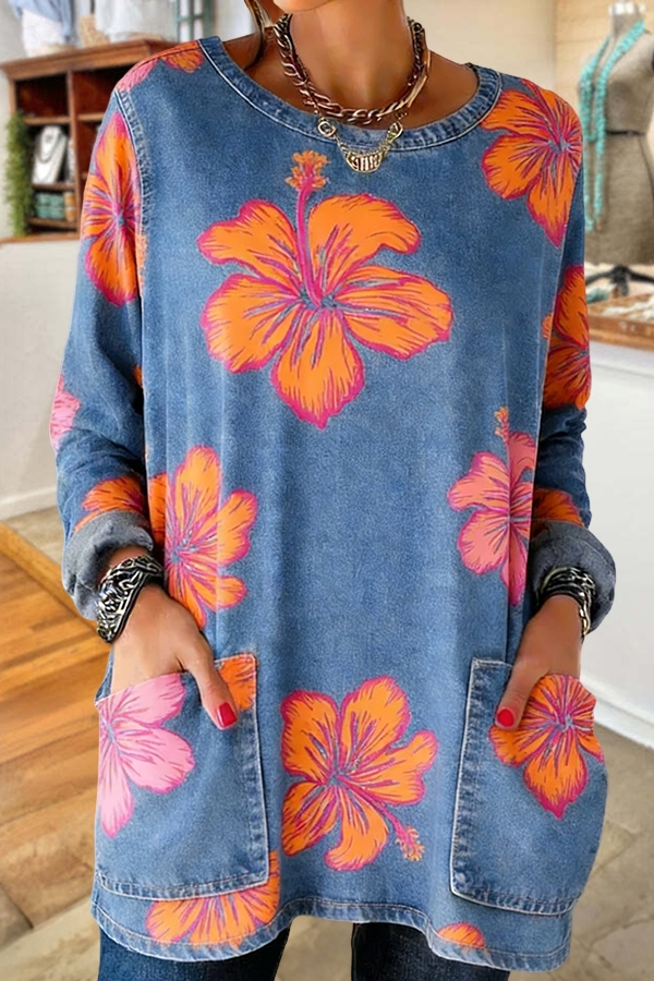 Color Blocked Floral Denim Pocket Top