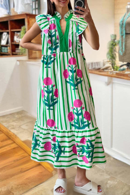 Floral Stripes Flutter Sleeves Maxi Dress