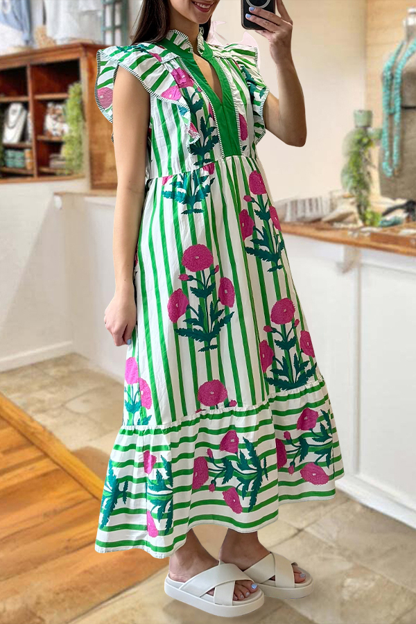 Floral Stripes Flutter Sleeves Maxi Dress