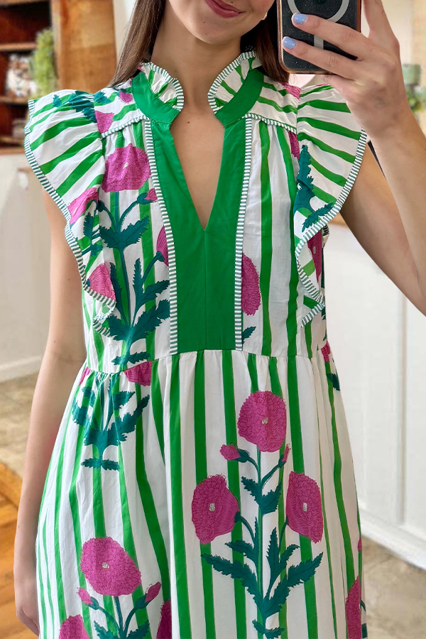Floral Stripes Flutter Sleeves Maxi Dress