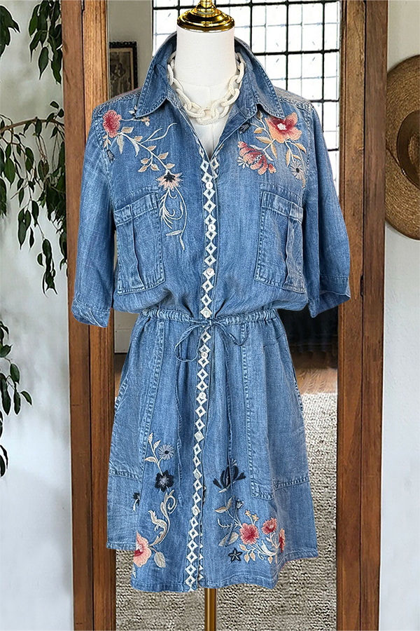 Floral Embroidered Drawstring Denim Mini Dress