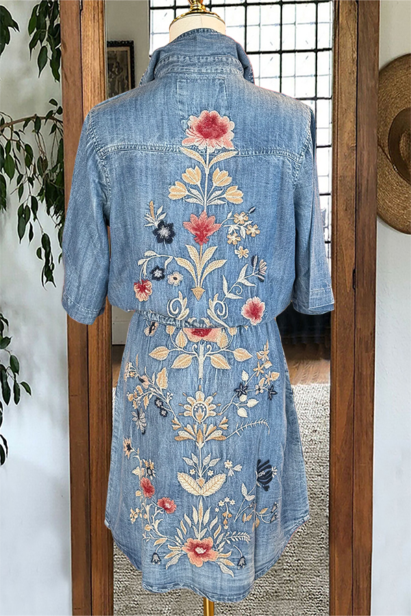 Floral Embroidered Drawstring Denim Mini Dress