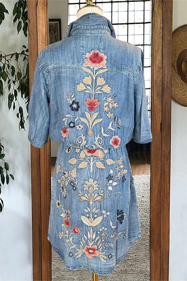 Floral Embroidered Drawstring Denim Mini Dress