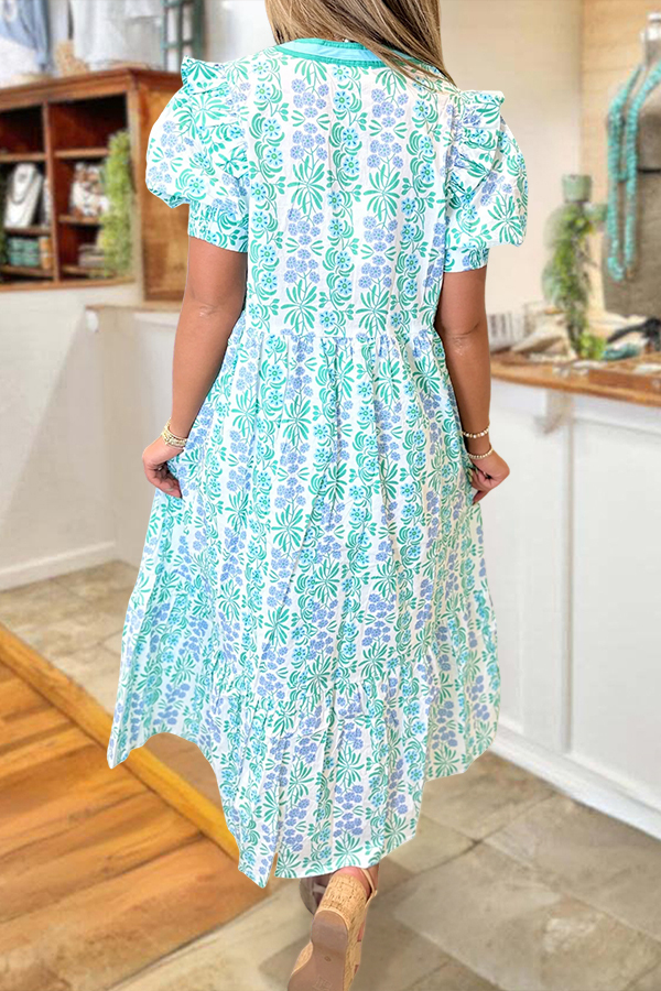 Floral Print Ruffled Puff Sleeved Maxi Dress