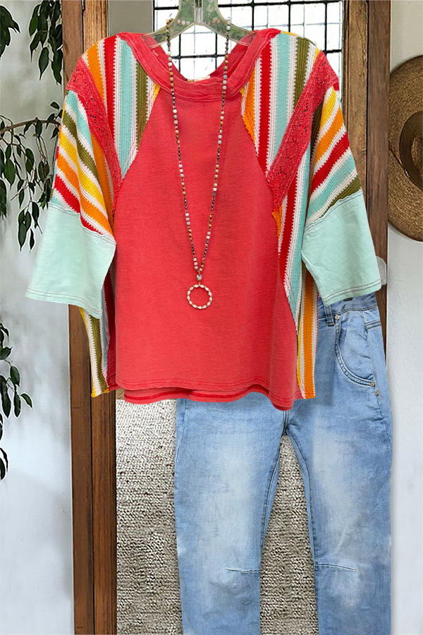 Colorful Striped Lace Patchwork Top