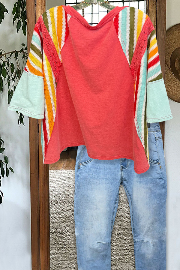 Colorful Striped Lace Patchwork Top