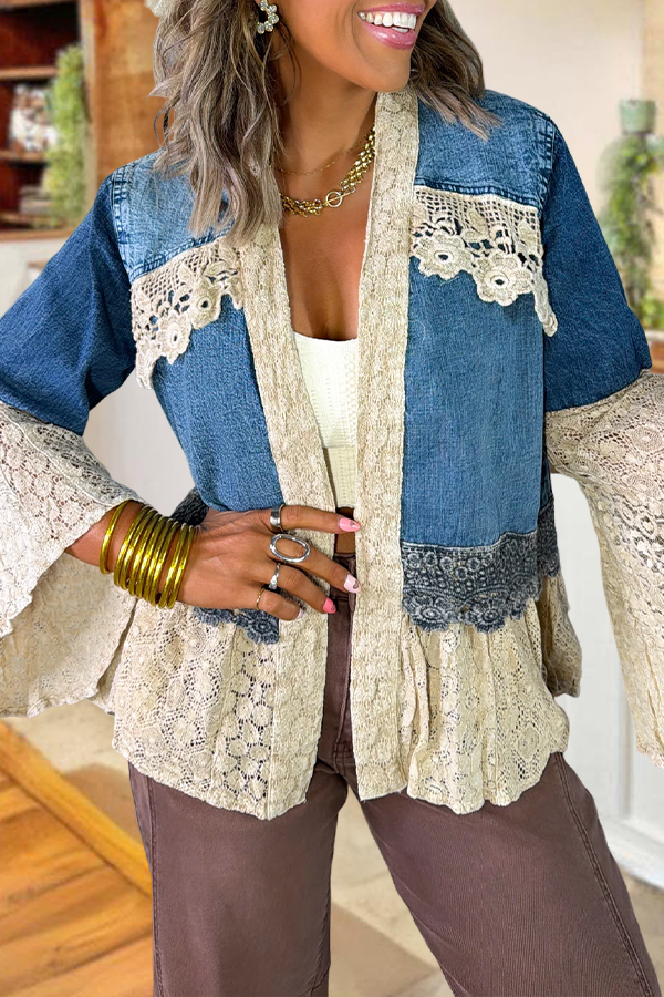 Lace Trimmed Flared Sleeve Denim Jacket