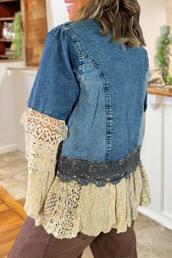 Lace Trimmed Flared Sleeve Denim Jacket