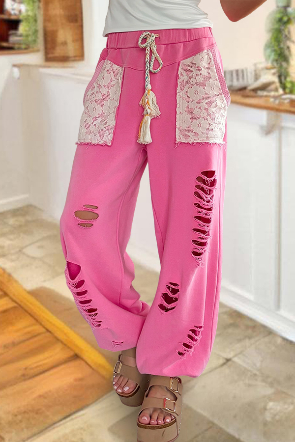 Lace Trimmed Cutout Street Style Jogger