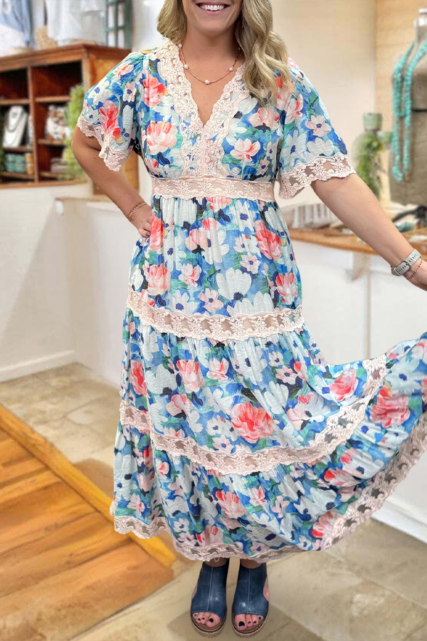 Lace Trimmed Monet Floral Maxi Dress