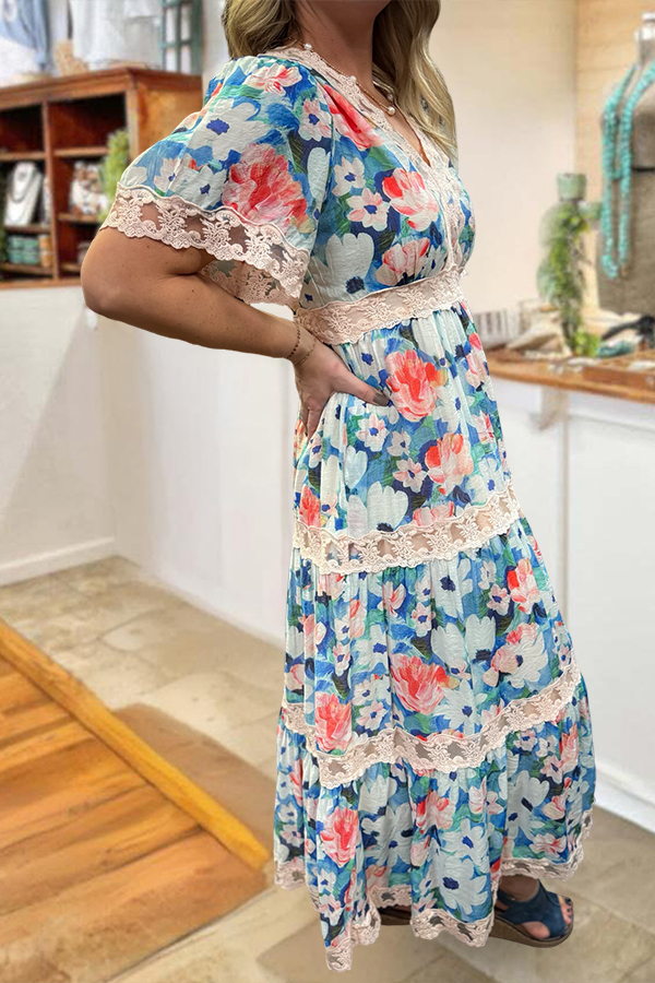 Lace Trimmed Monet Floral Maxi Dress