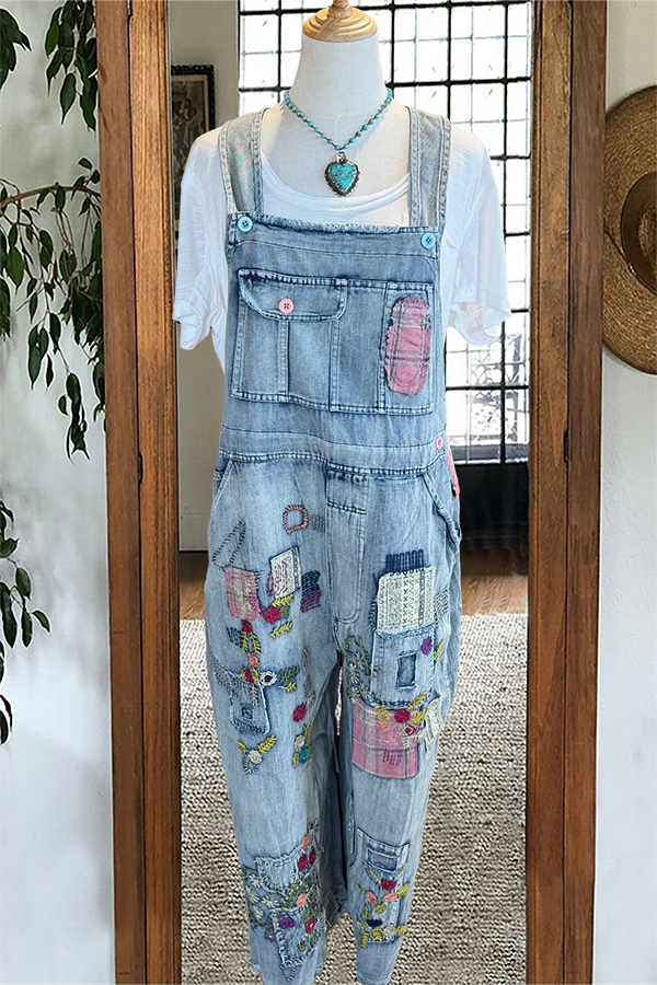 Retro Playful Patchwork Denim Overalls