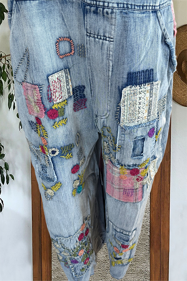 Retro Playful Patchwork Denim Overalls