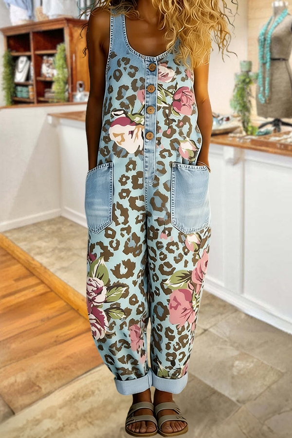 Leopard Print Floral Sleeveless Overalls