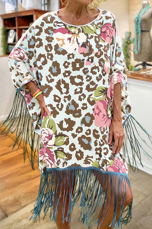 Leopard Print Floral Tassel Midi Dress