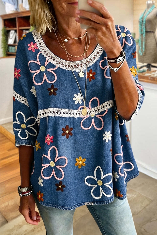 Lace Floral Denim Top