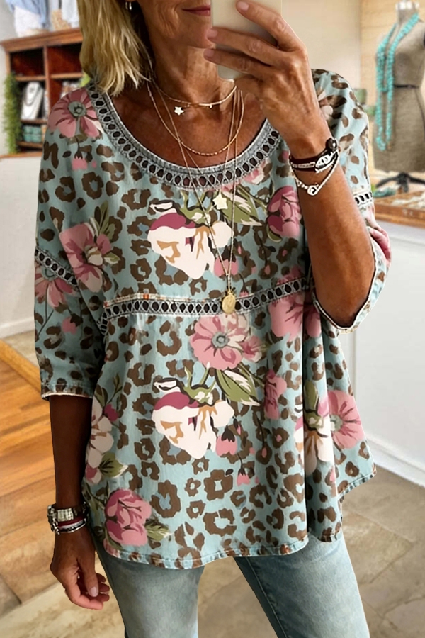 Leopard Print Floral Cutout Top