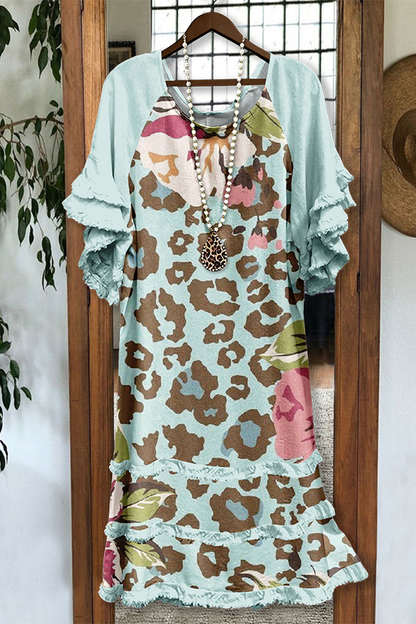 Leopard Print Floral Print Ruffled Raglan Midi Dress