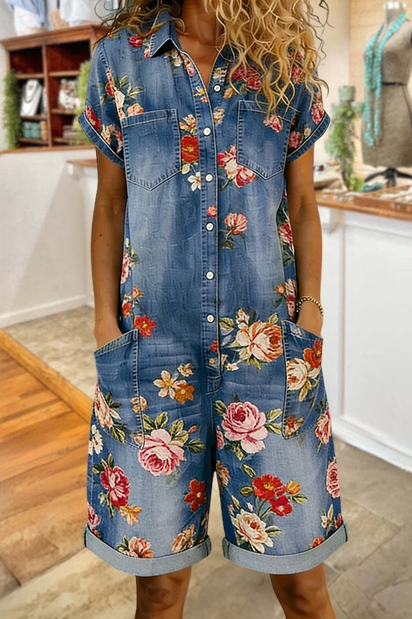 Retro Rose Casual Romper