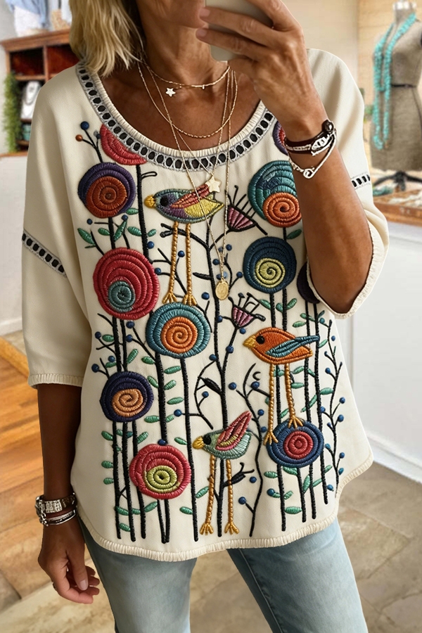 Retro Bird And Flower Hollow Out Top