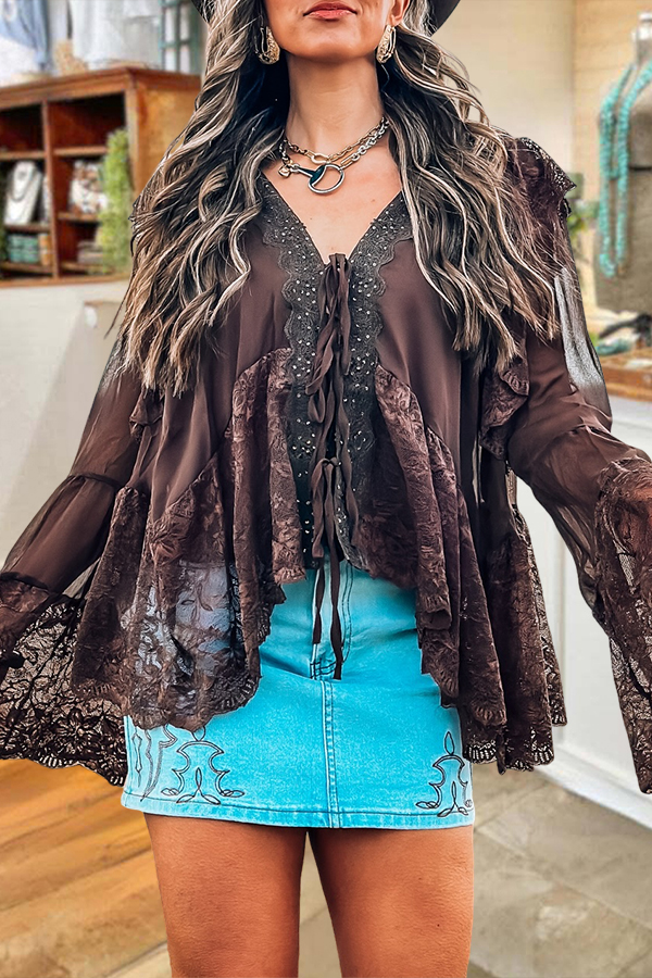 Lace Trimmed Flared Sleeve Satin Shirt