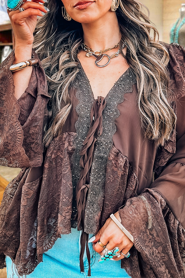 Lace Trimmed Flared Sleeve Satin Shirt