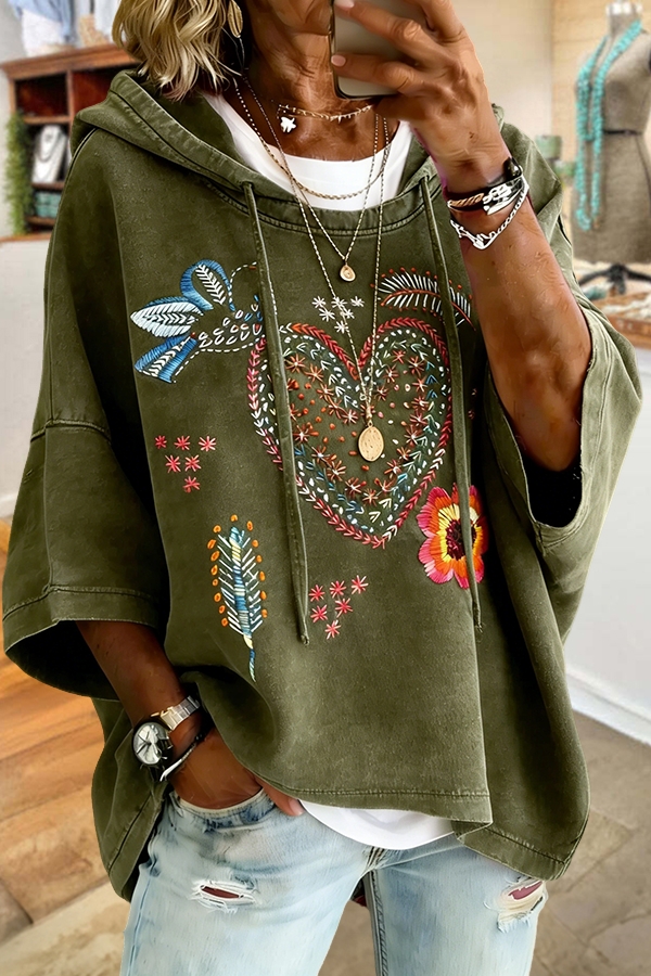 Retro Bird And Floral Hooded Top