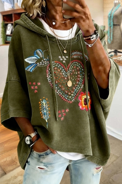 Retro Bird And Floral Hooded Top