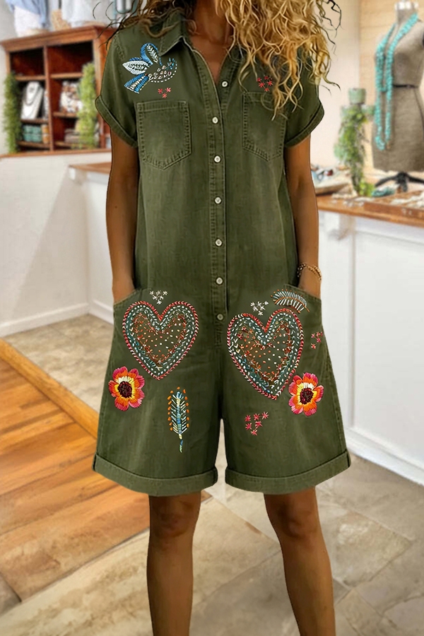 Retro Floral And Bird Heart Romper