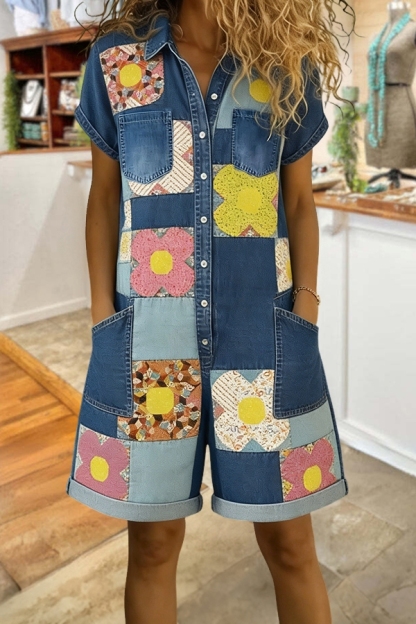 Color-Blocked Floral Patchwork Romper