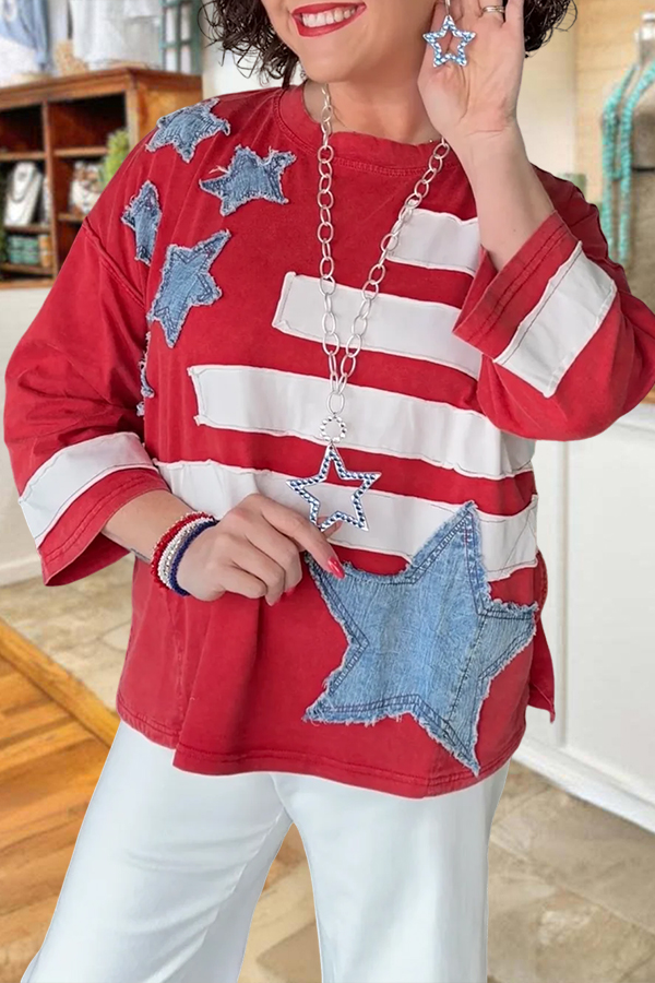 250 USA Star Striped Patchwork Top